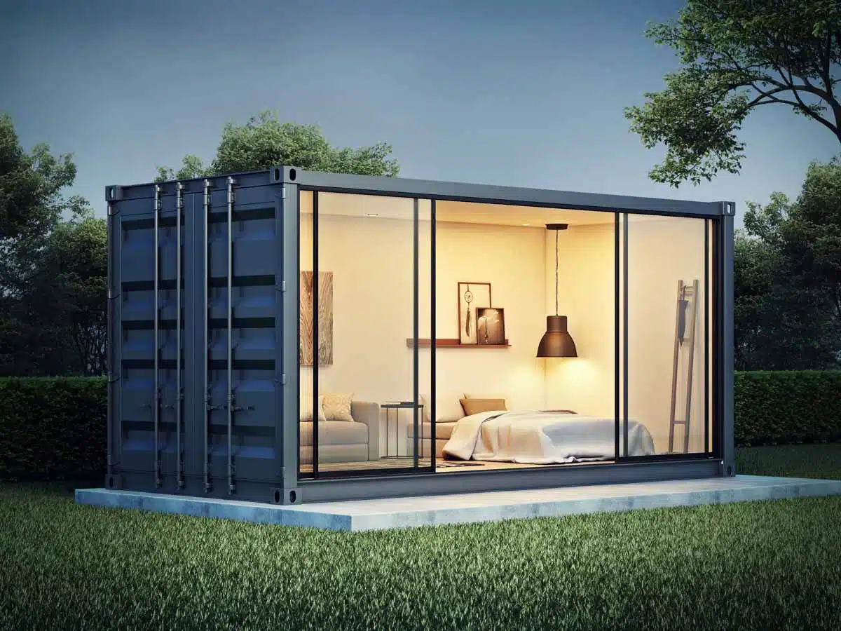 minimalist house made from container van with glass door and furniture