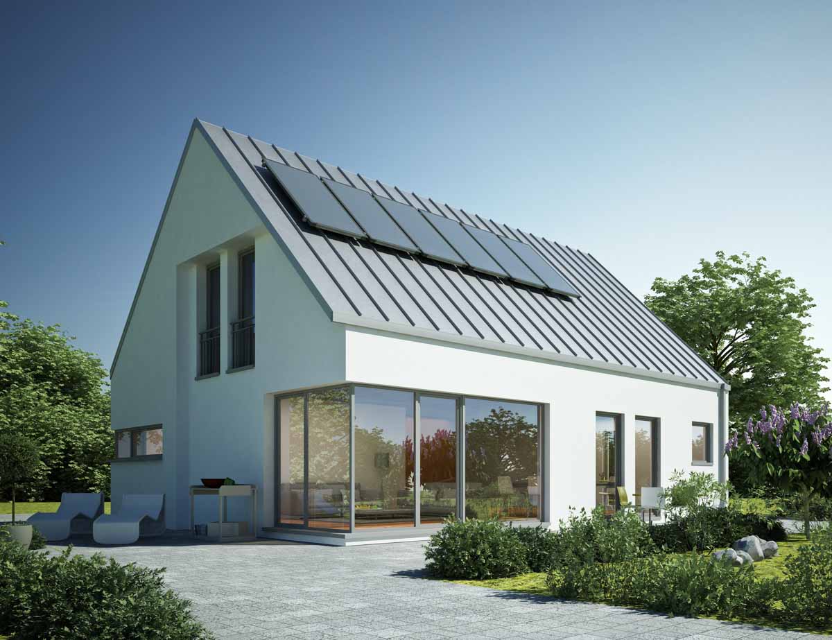 minimalist house with roof solar panels and glass picture windows