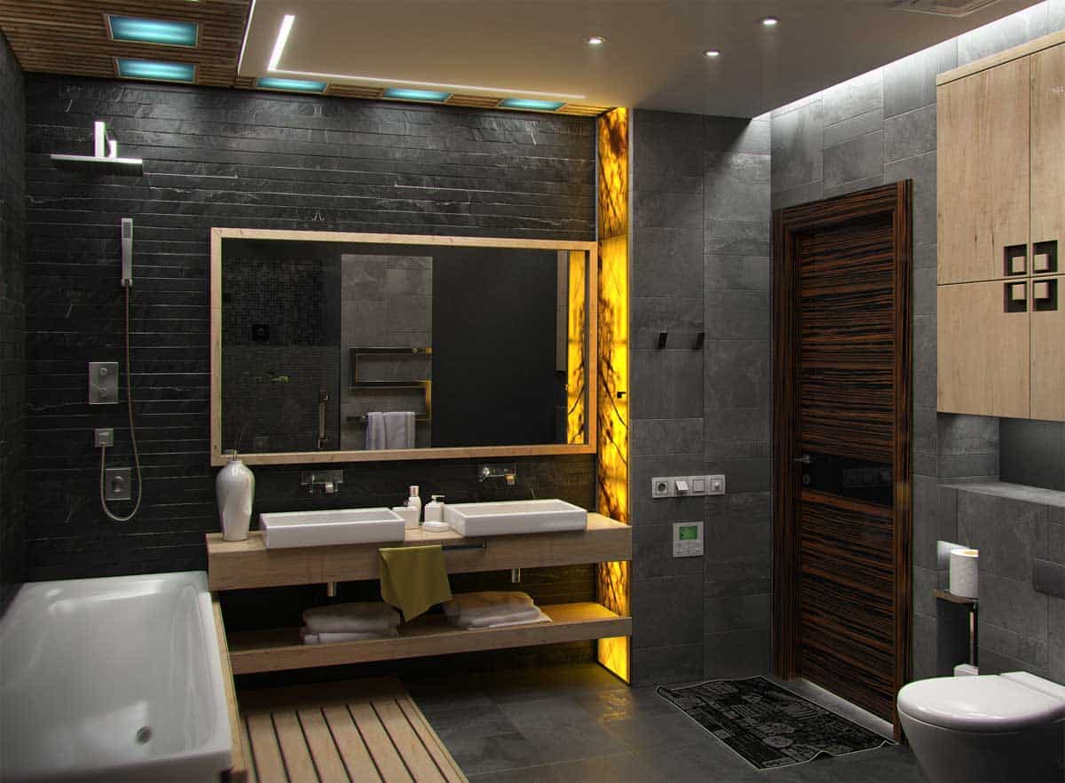 modern bathroom with stone shower wall mirror and toilet