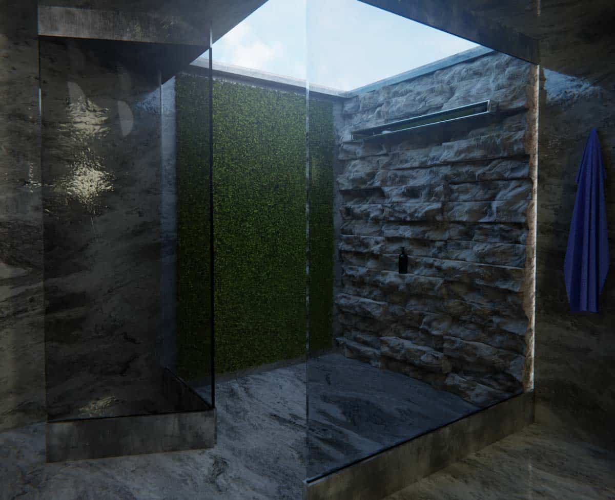 modern stone shower with glass door and skylight
