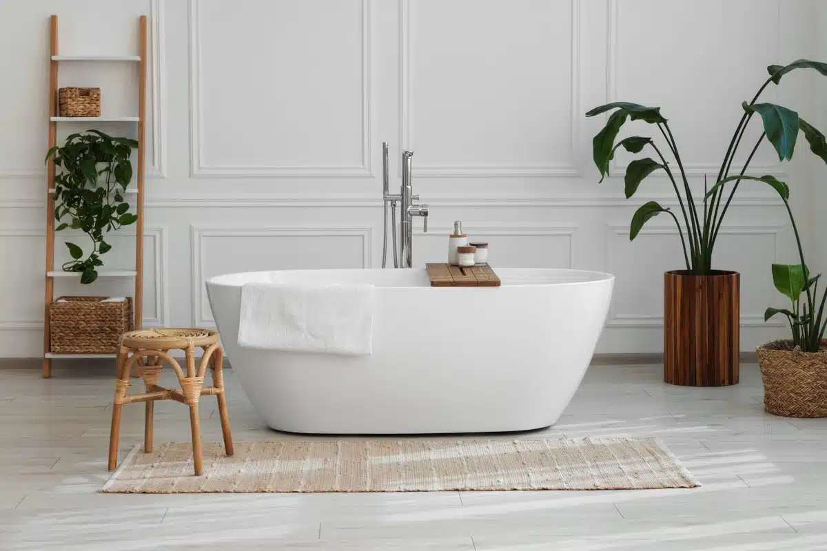 bathroom with tub and nylon rug