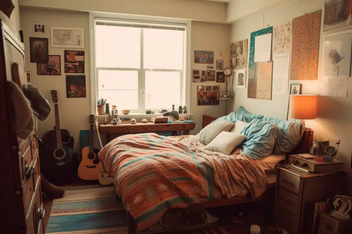 bedroom with cluttercore design