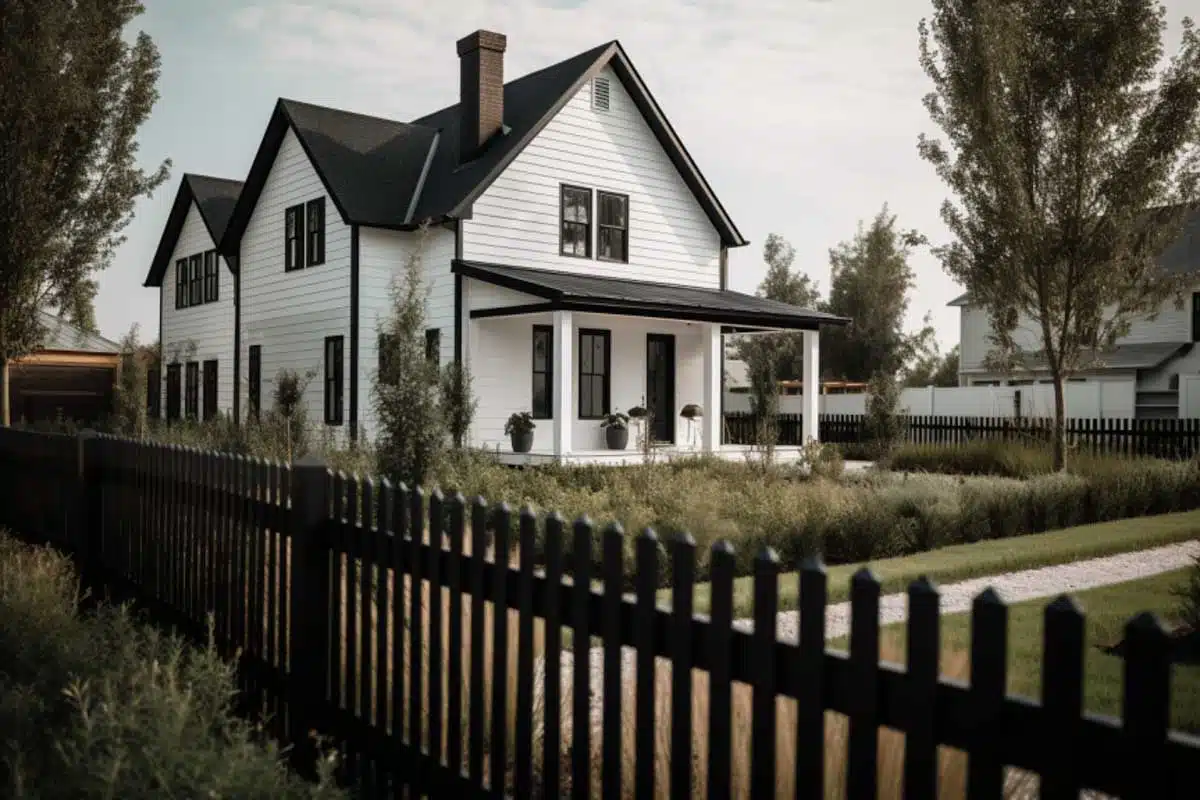 black fence in front of white modern farmhouse