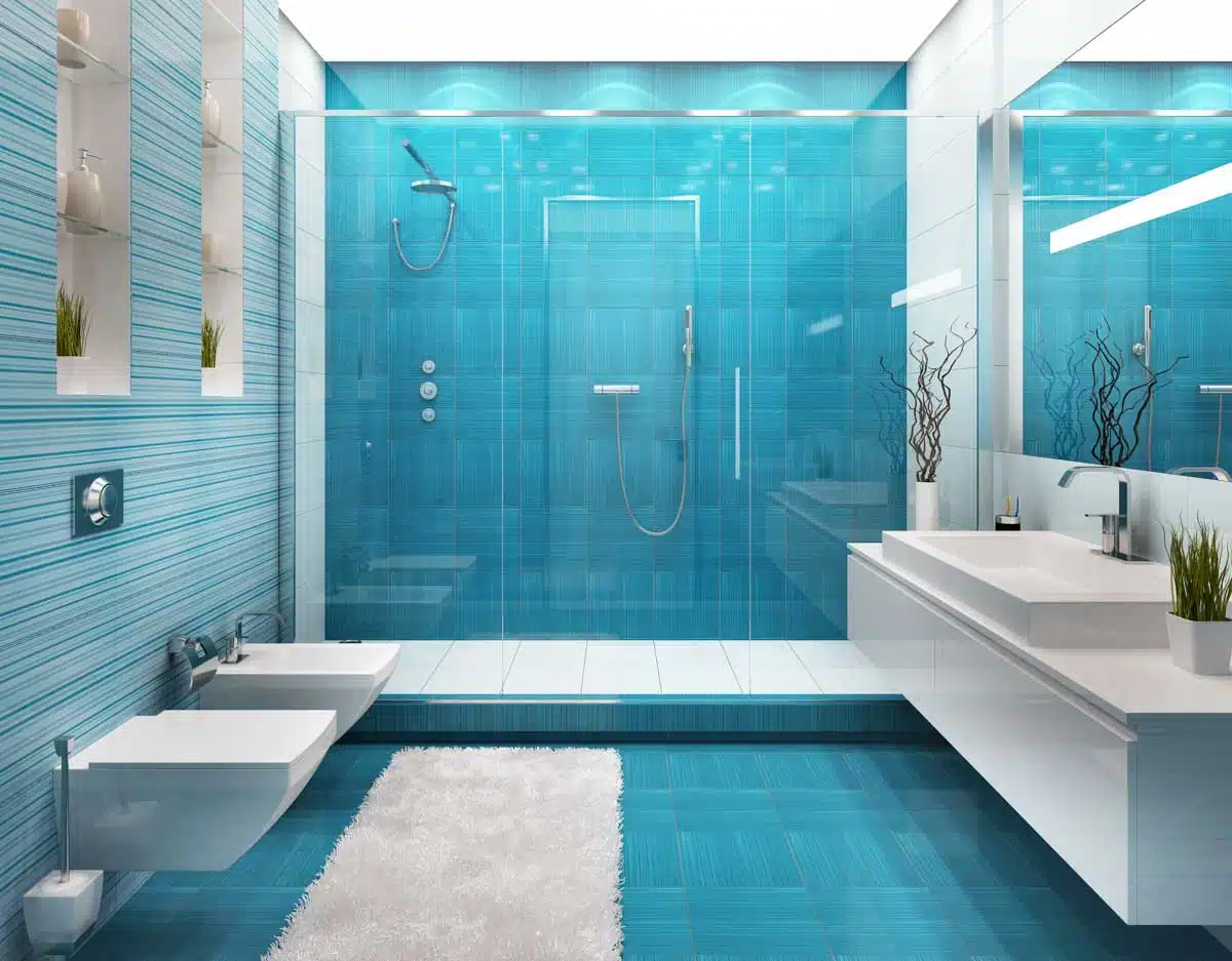 blue bathroom with acrylic and fiberglass walls