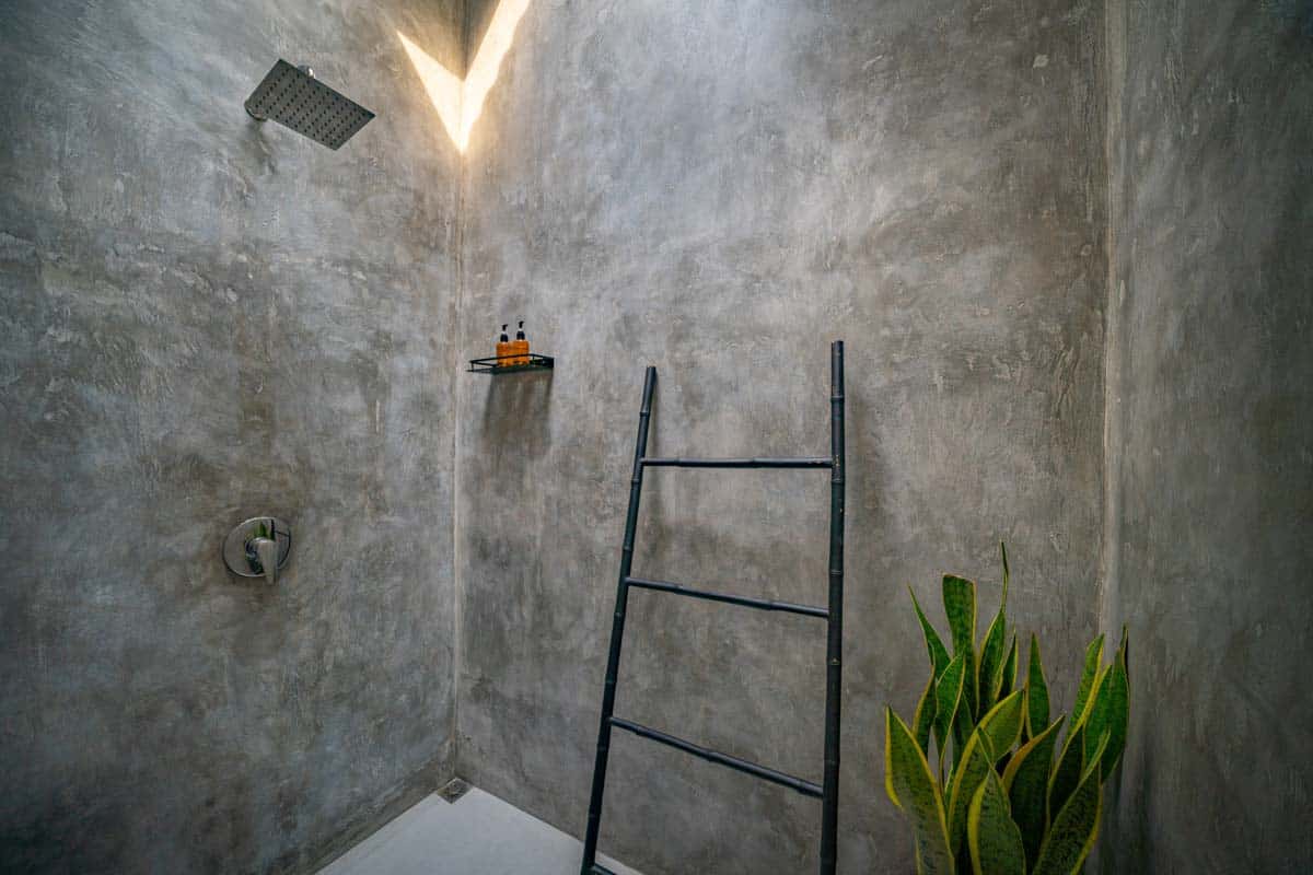 cement shower with showerhead and plant