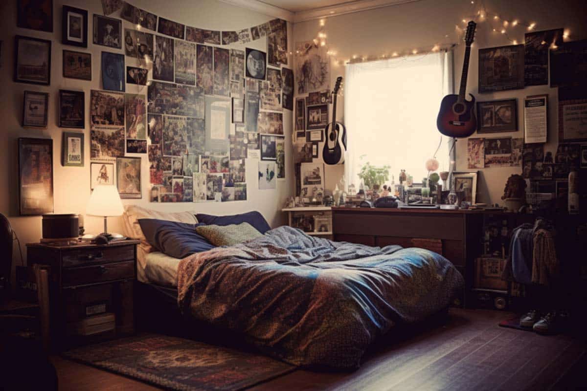 cluttercore bedroom with nightstands