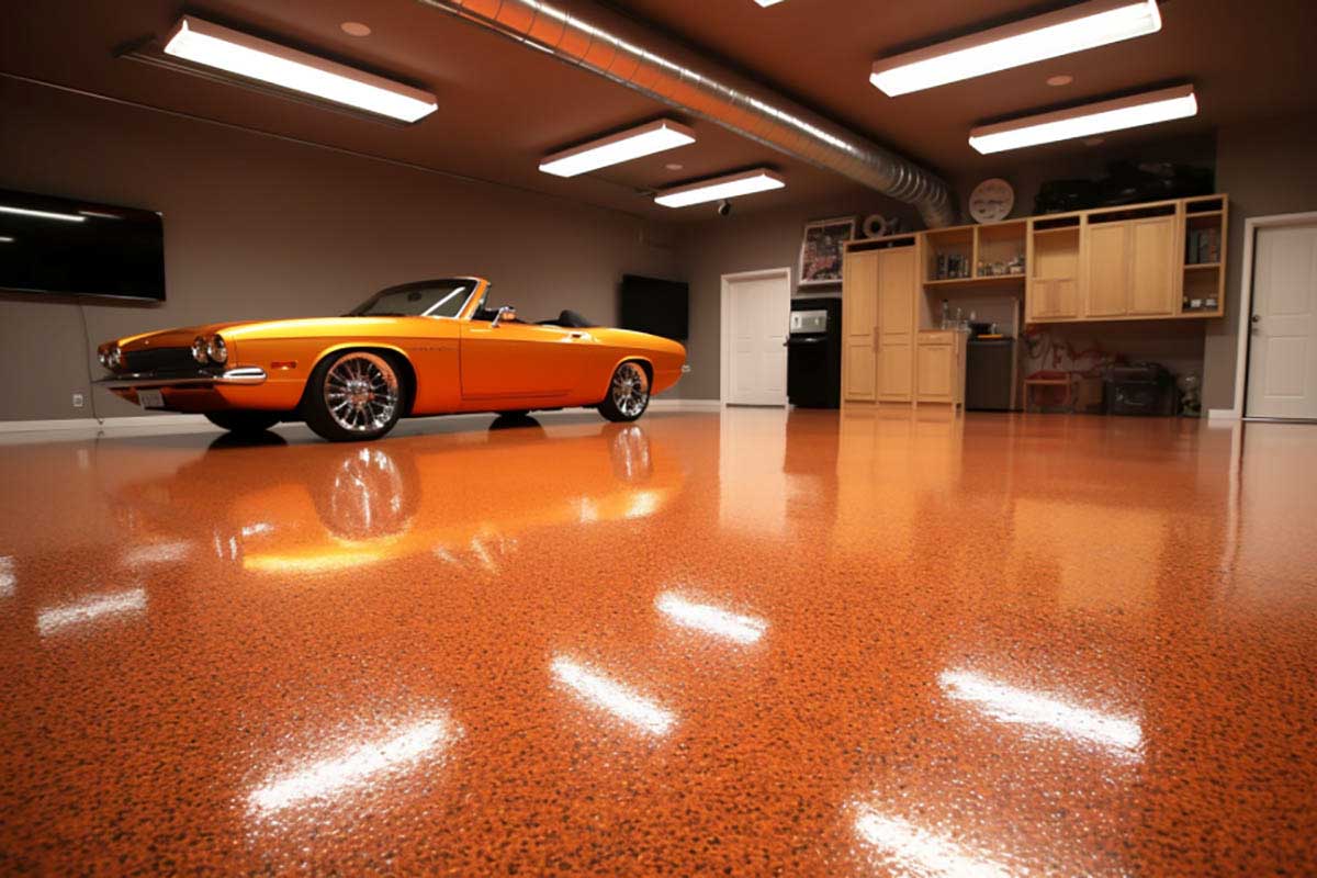 garage with orange polyaspartic flooring and wall cabinetys tv