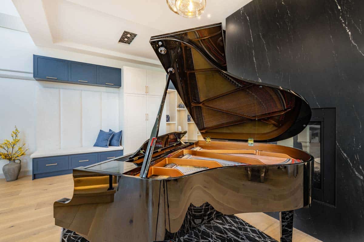 grand piano in basement