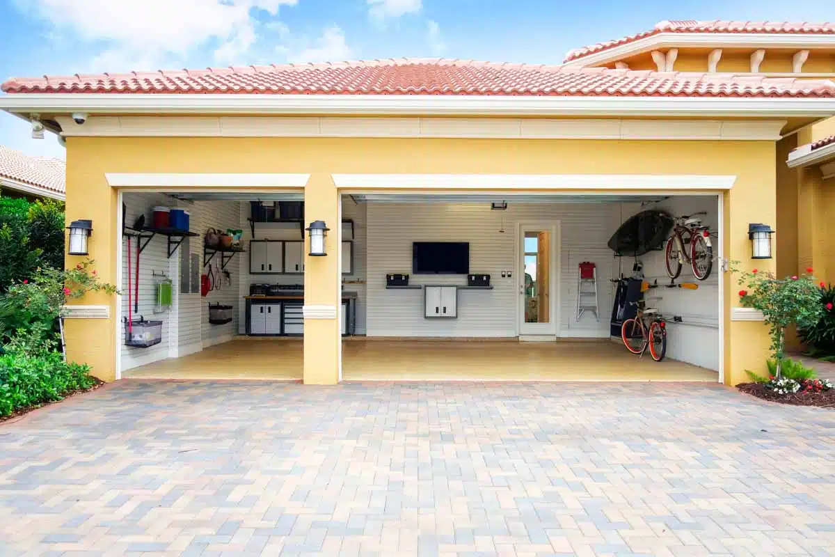open garage with walls made of slat and hooks