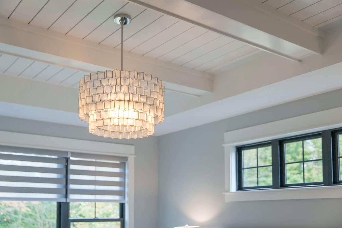 shiplap plank ceiling with pendant light