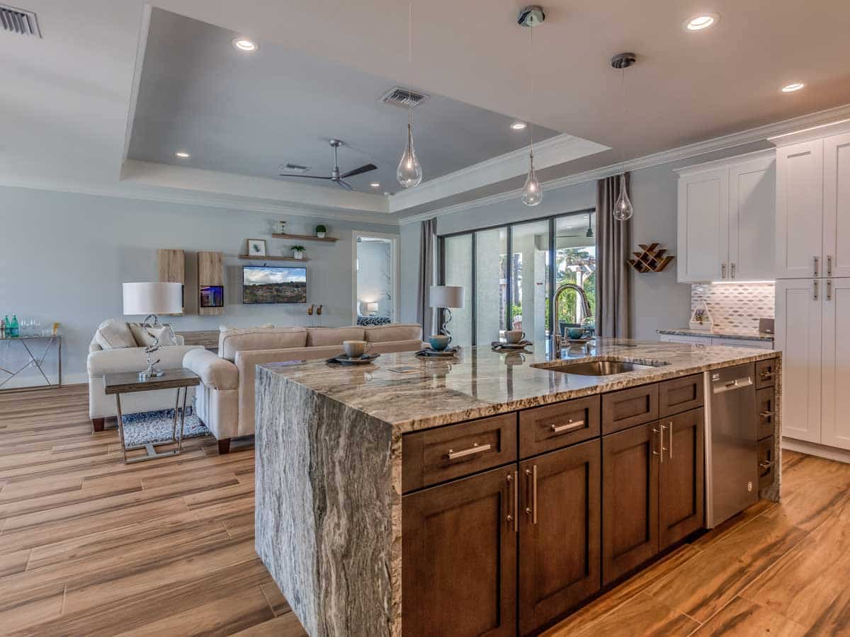 waterfall style countertop on island in kitchen