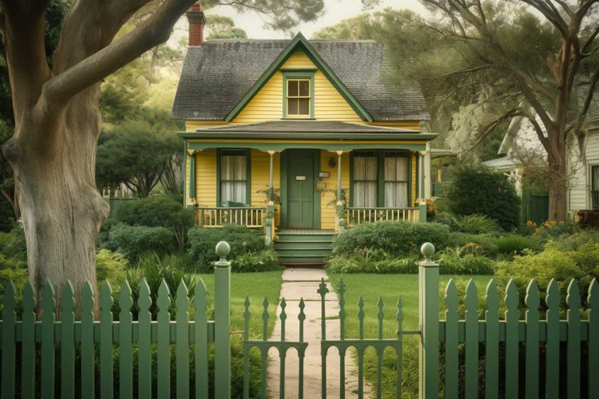 yellow house with muted green fence