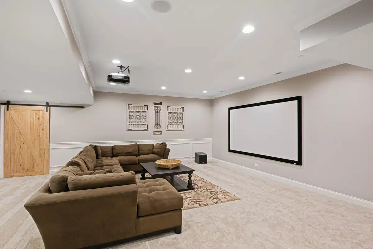 basement home theater with couch