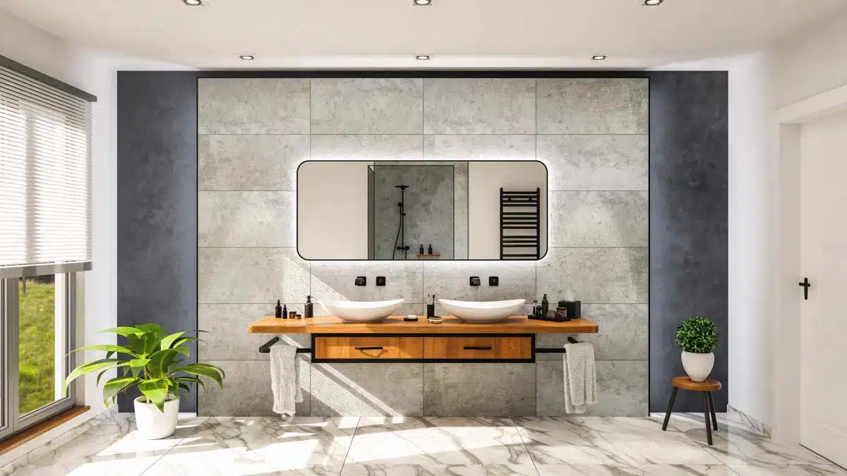 bathroom with lighted mirror and vanity