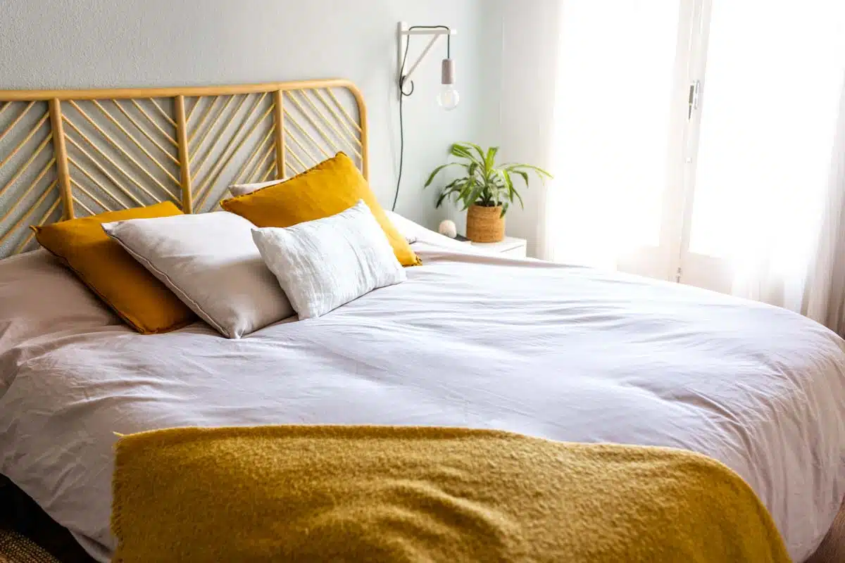 bedroom with yellow headboard pillows and indoor plant