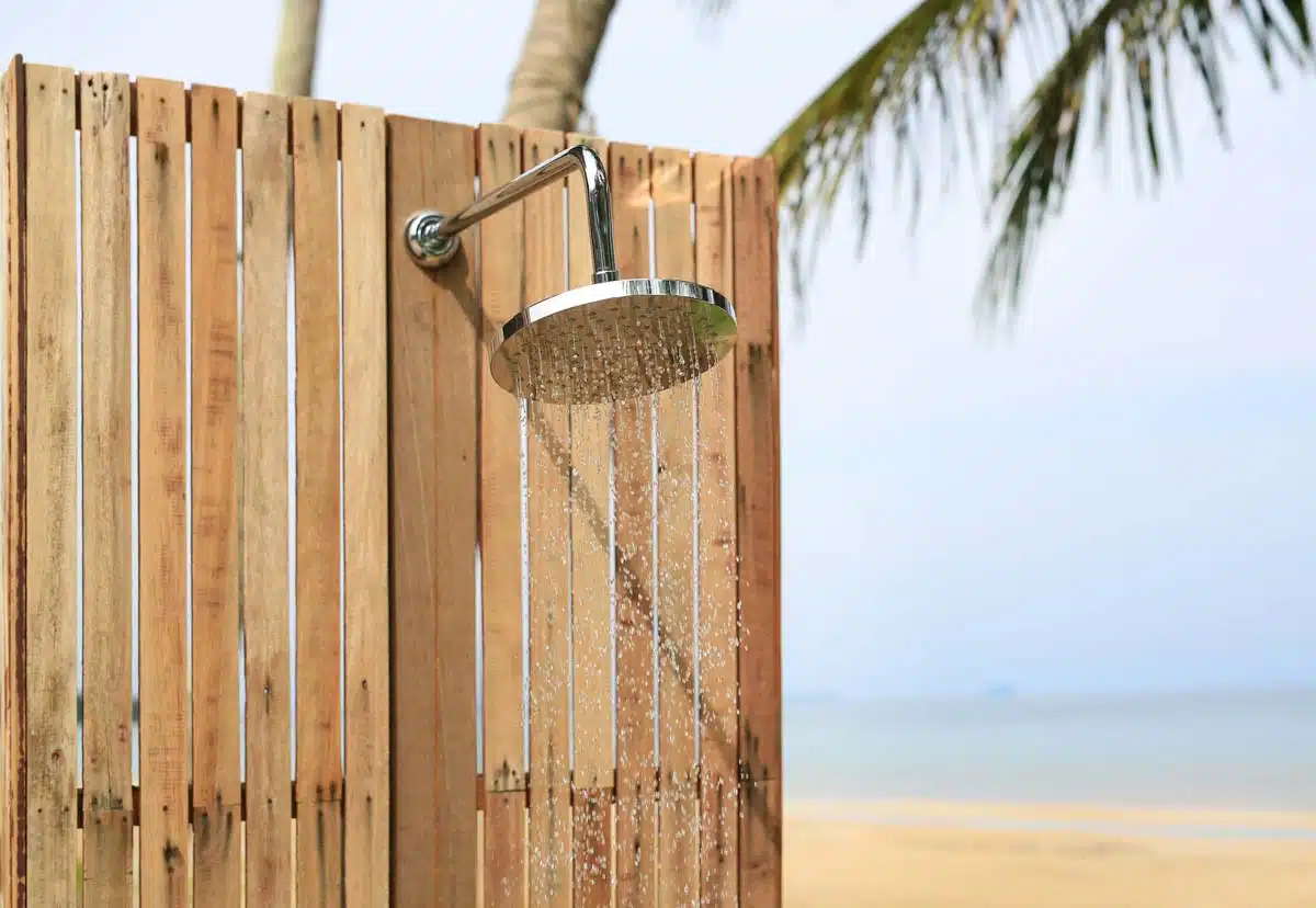 cedar plank shower with showerhead