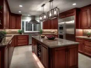 cherry cabinet kitchen with gray tile floors