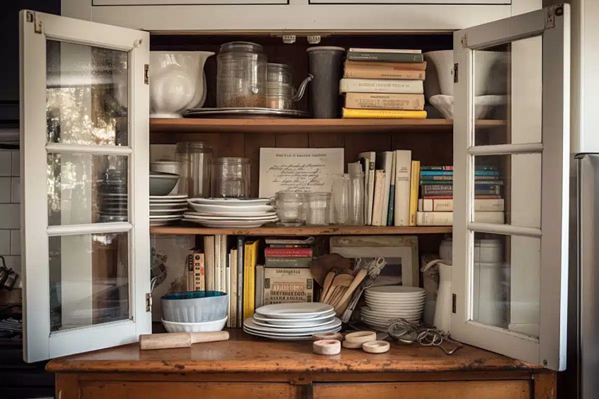 china cabinet with cookbooks