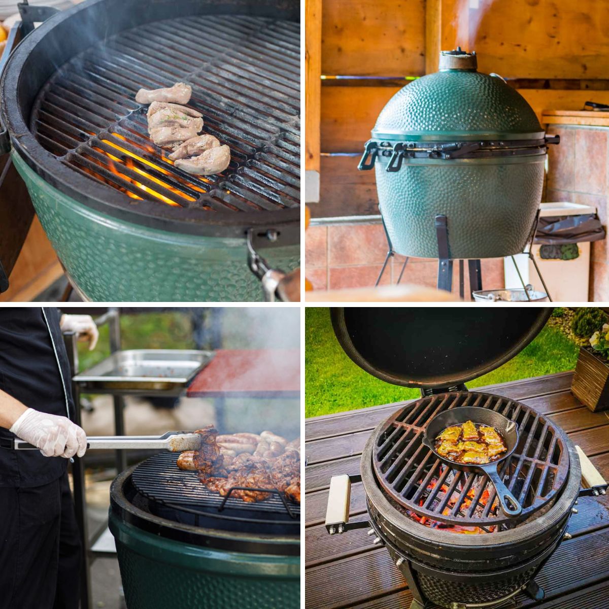 different backyard kitchens with big green egg grills