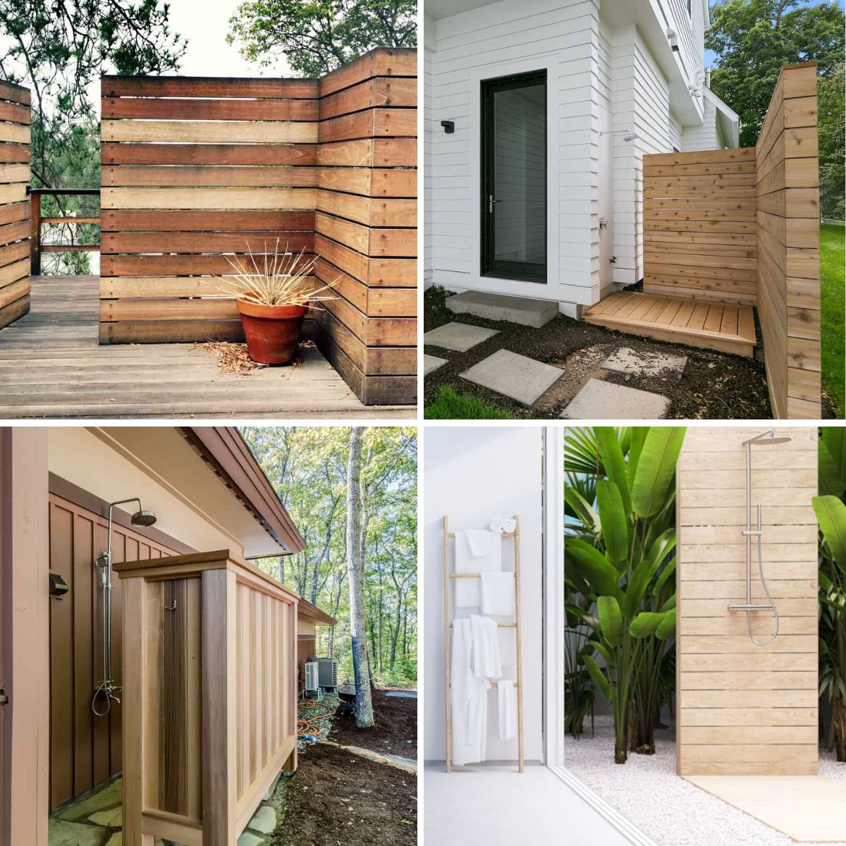 different outdoor showers made of cedar