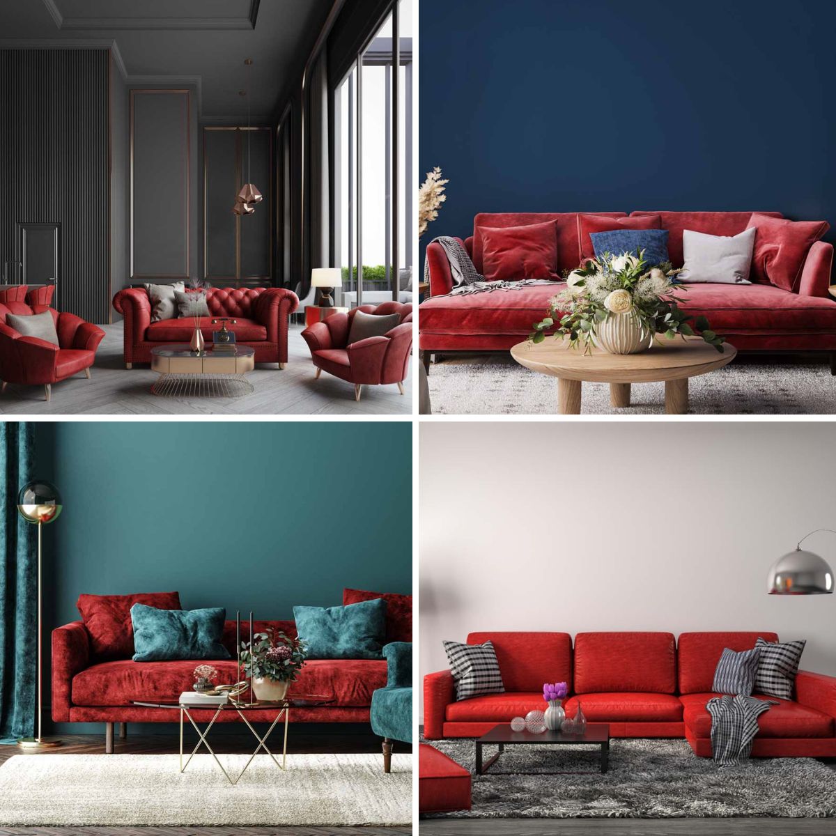 different room designs with red couch