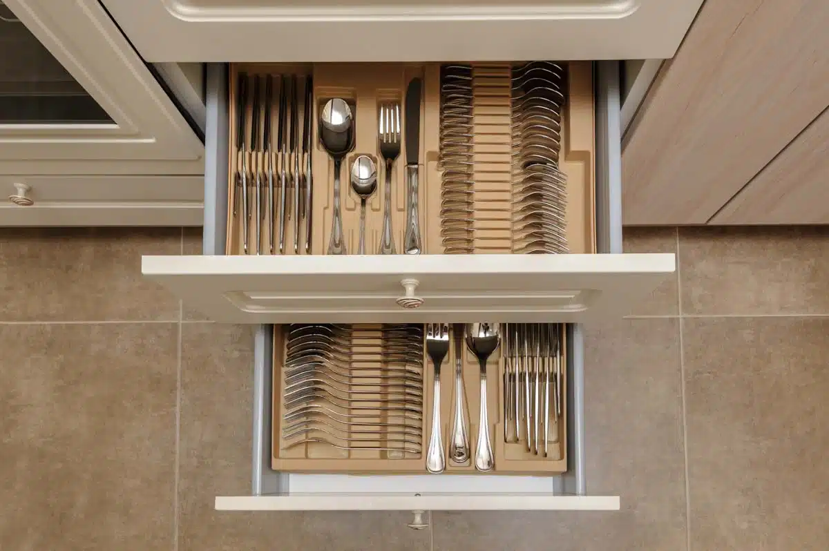 kitchen drawer with silverware caddies