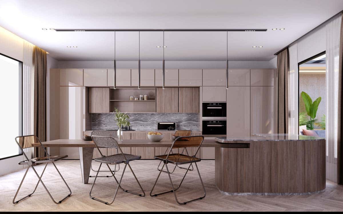 kitchen with dining area and hanging lights