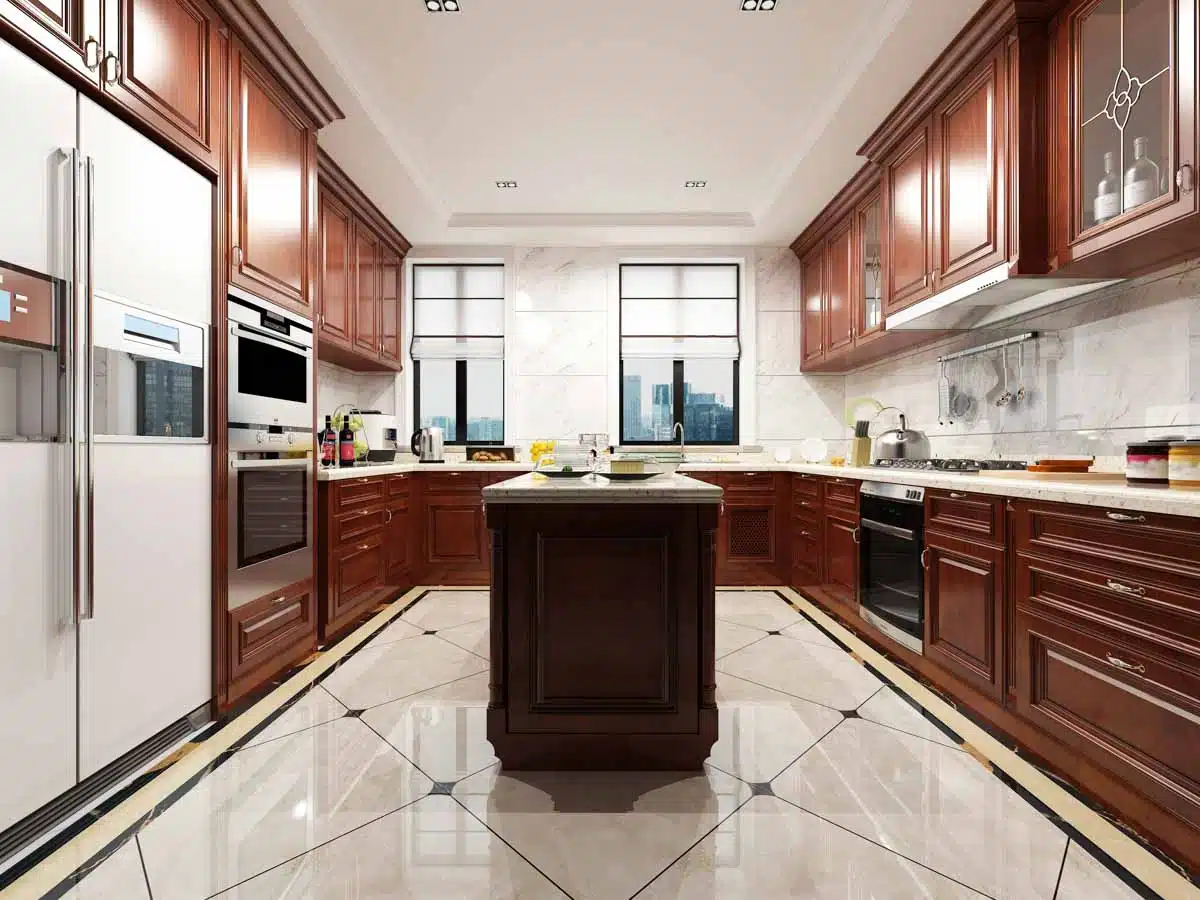 kitchen with white tile floor island and cabinets