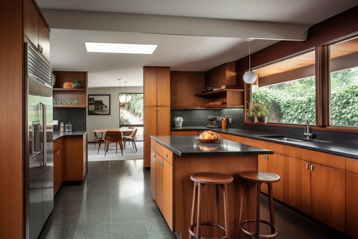 mid century modern kitchen with cherry cabinets and dark tile floors
