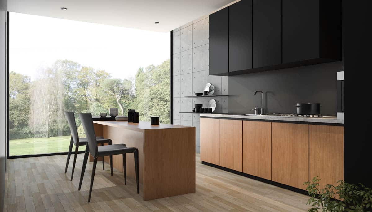 modern kitchen with cabinets island and chairs