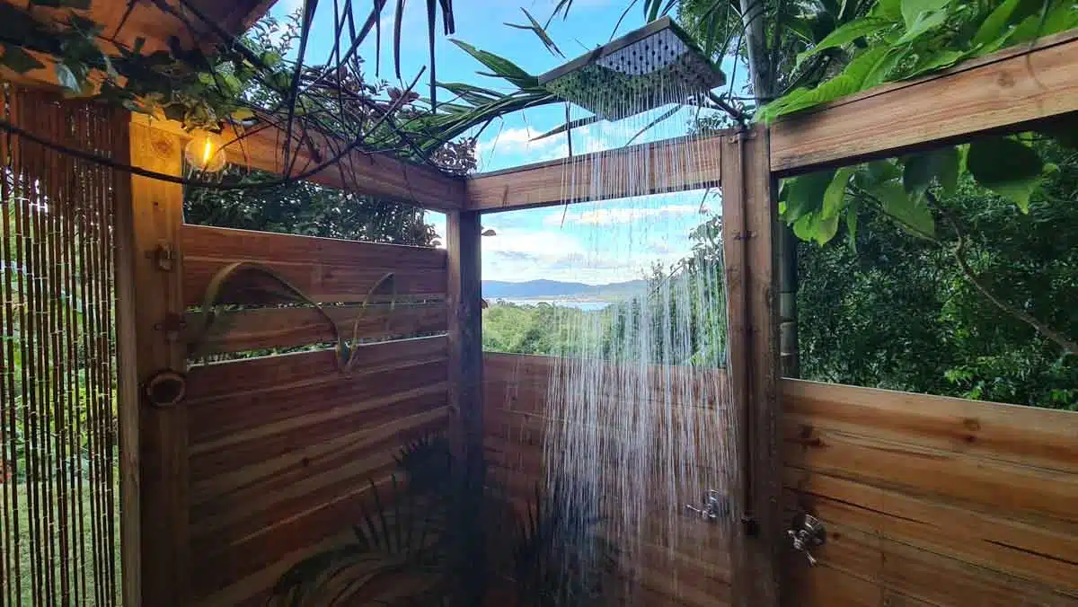 outdoor space shower with showerhead
