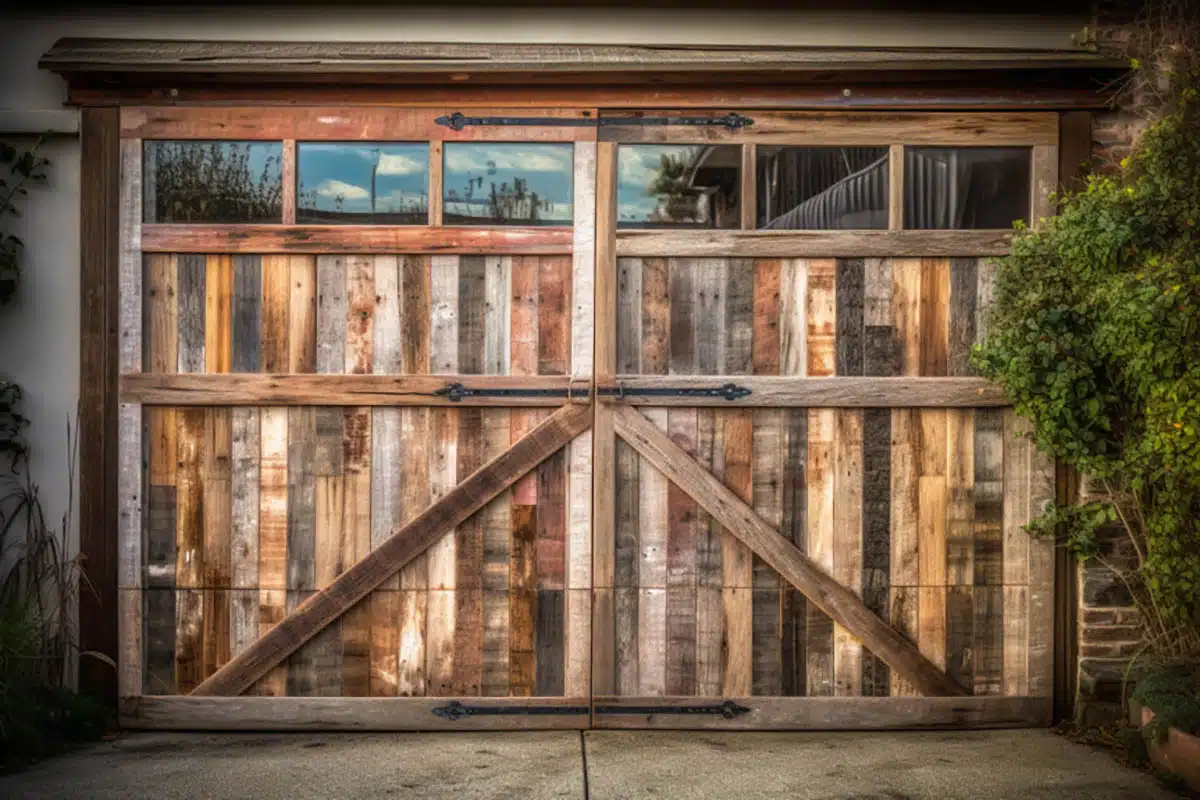 Garage with wood pallet doors and decorative brackets