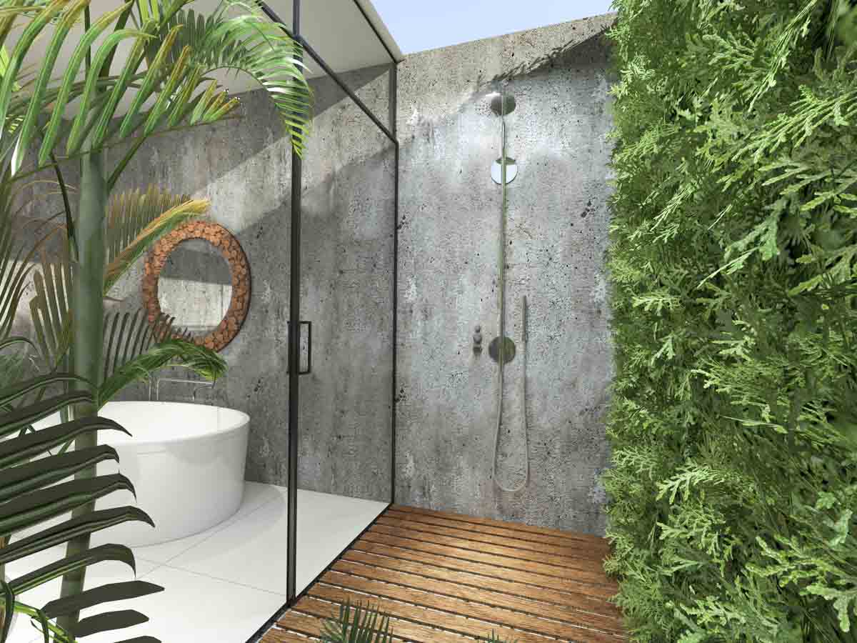shower with concrete wall and wooden flooring