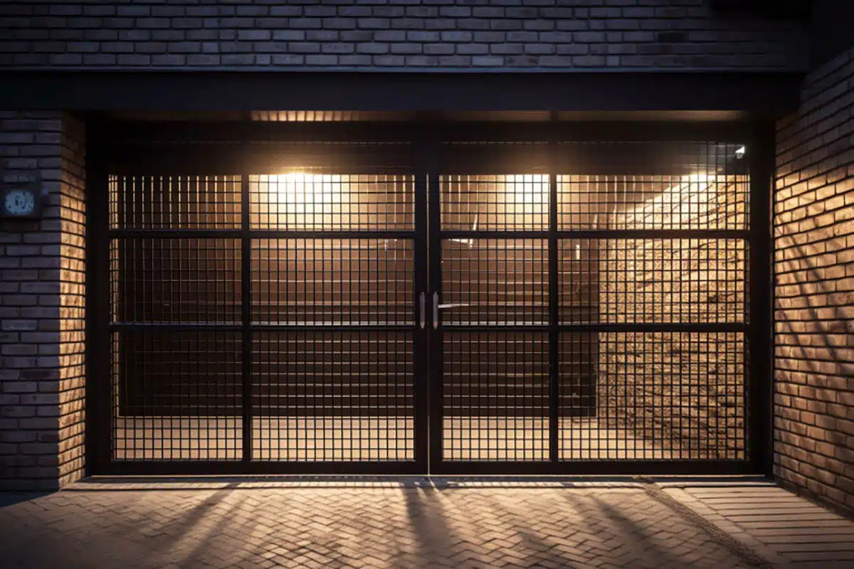 Garage opening with wire mesh gate and brick walls