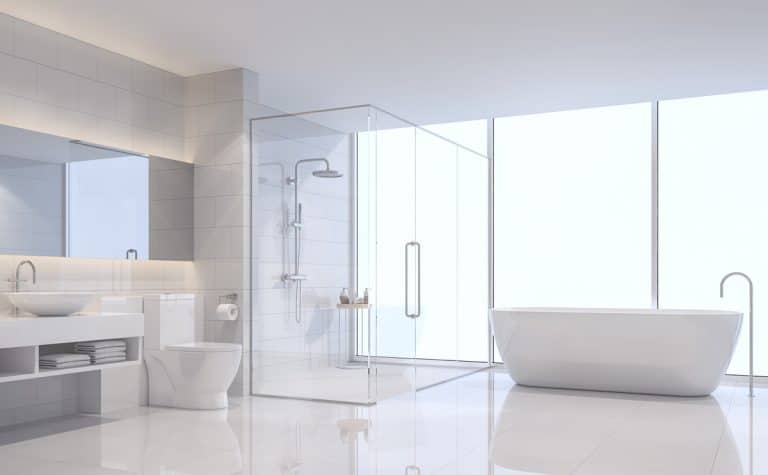 bright bathroom with tub shower and toilet