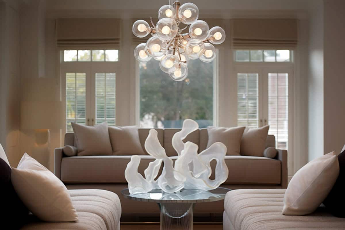 contemporary living room modern chandelier comfy couches glass table
