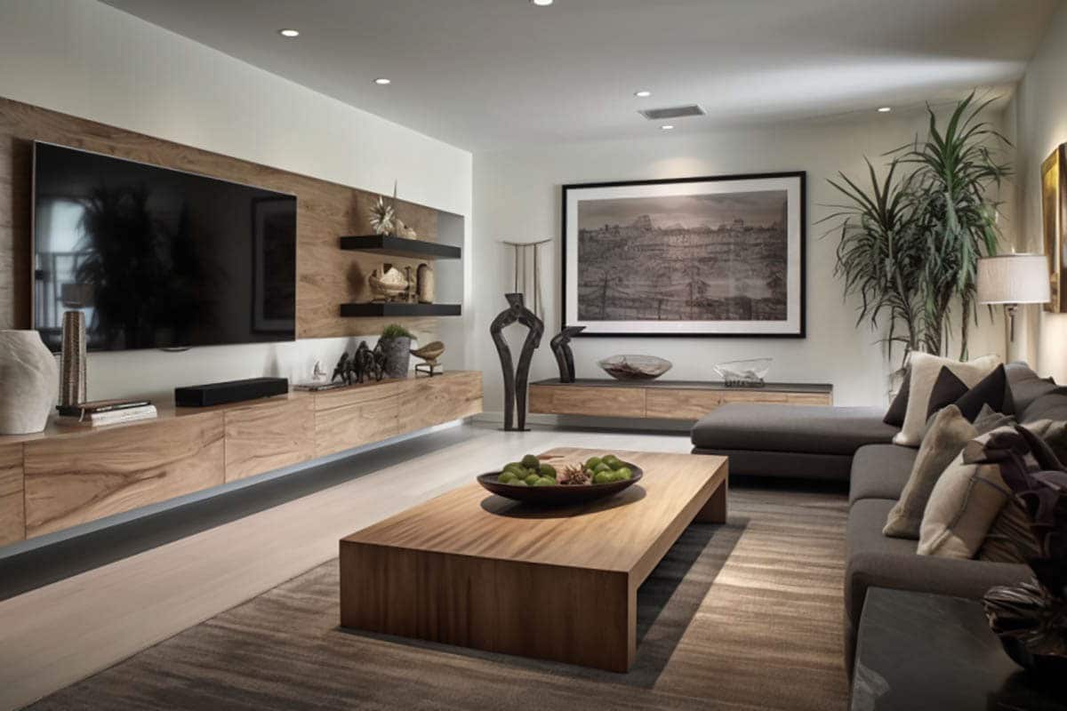 contemporary living room with palmwood tv console