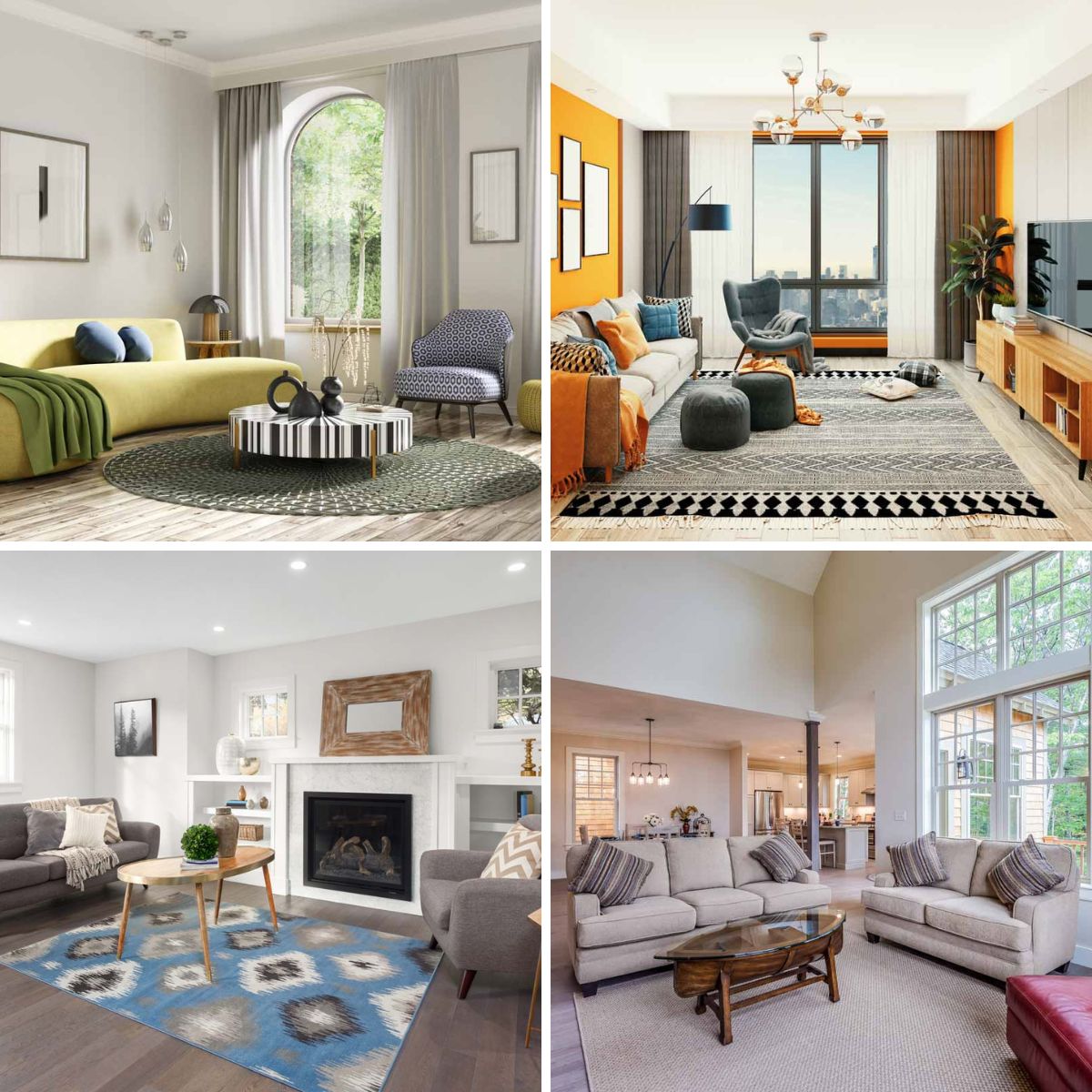 different living rooms with rugs