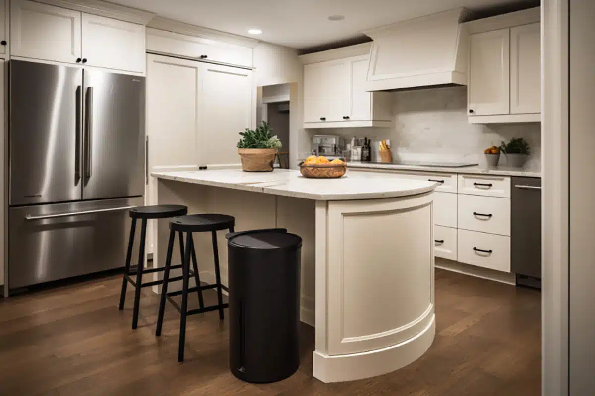 kitchen with trash can under counter overhang