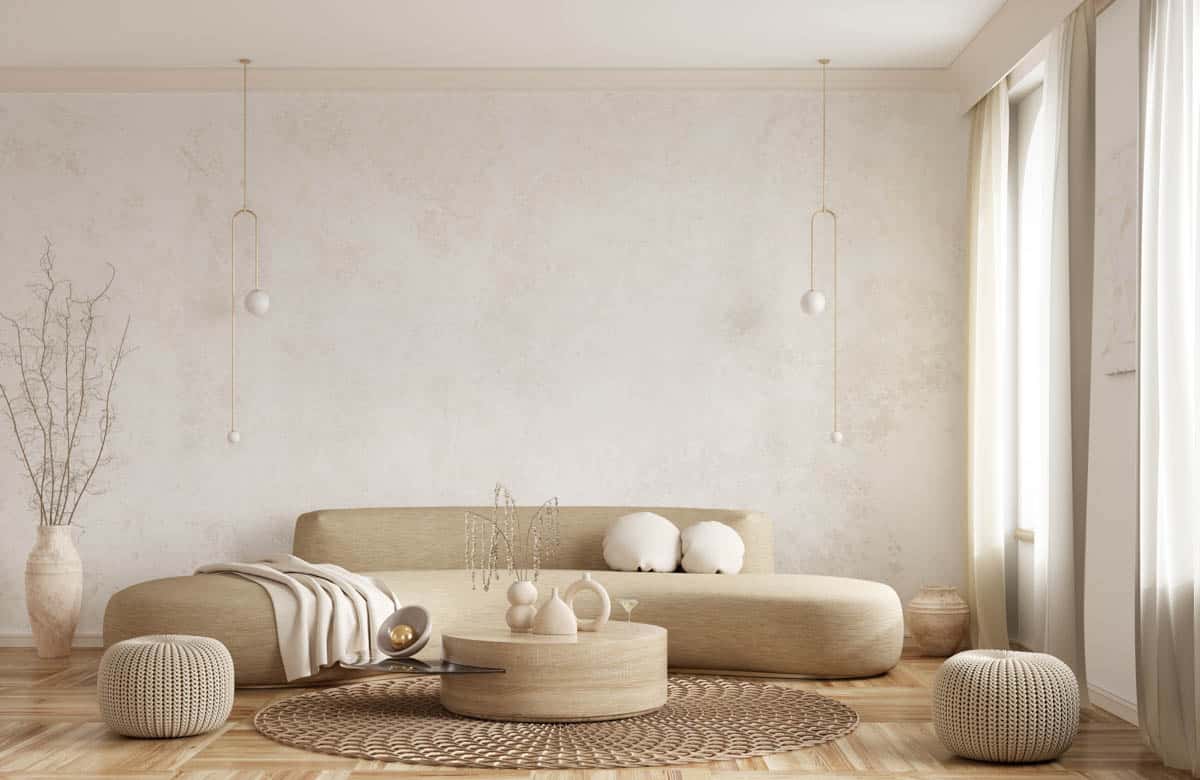 minimalist room with sofa and ottoman