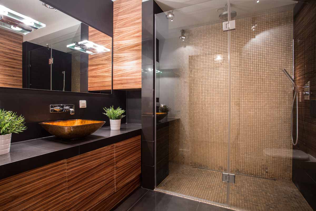 shower with glass door next to bathroom vanity