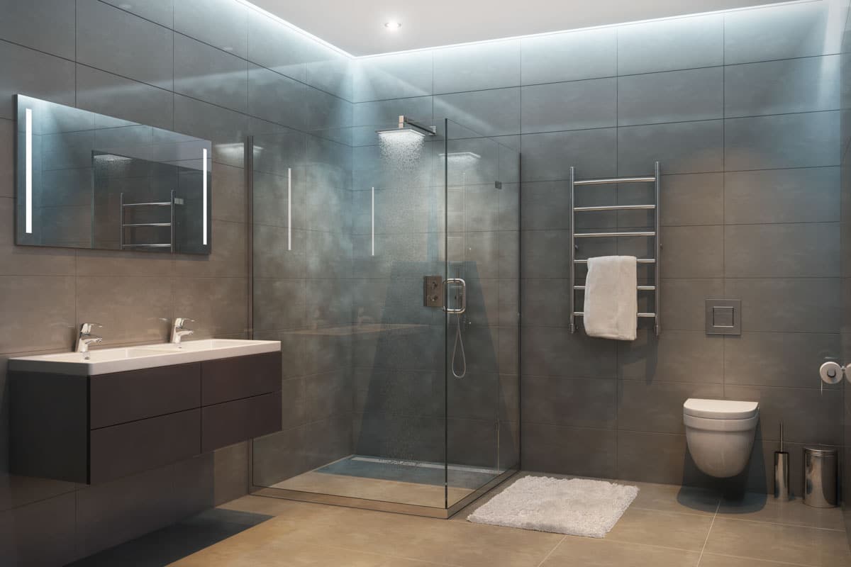 spacious bathroom with toilet shower and mirror