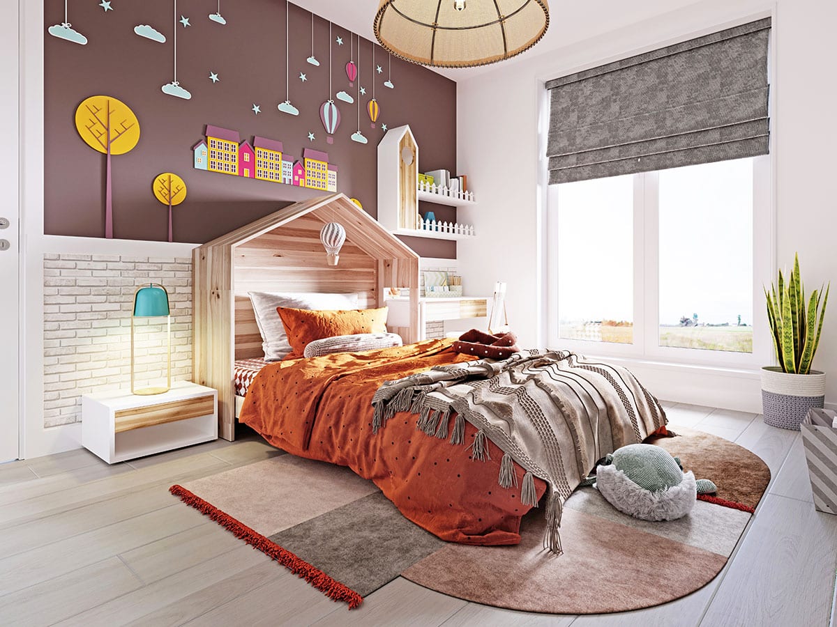 Nursery room with creative gable bed headboard wall art large casement window