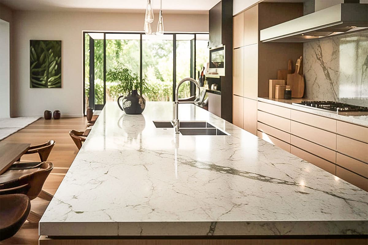 Silestone quartz slab countertop with veining in kitchen