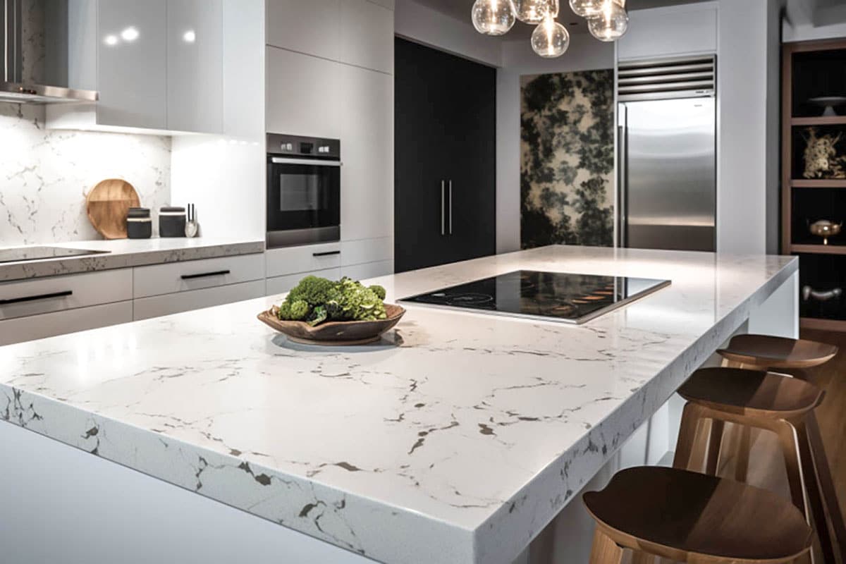 silestone slab in modern kitchen white matte cupboards