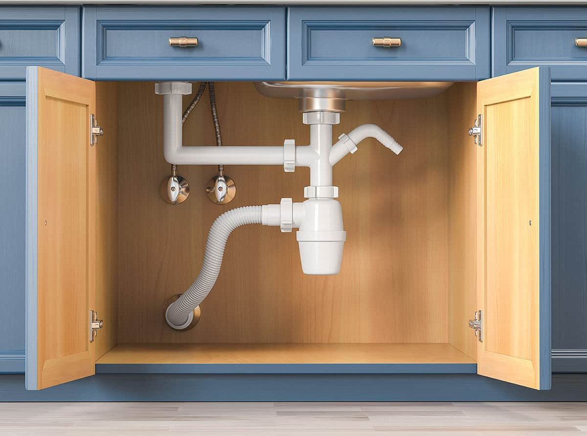 Kitchen sink drain pipes in blue elegant cabinet