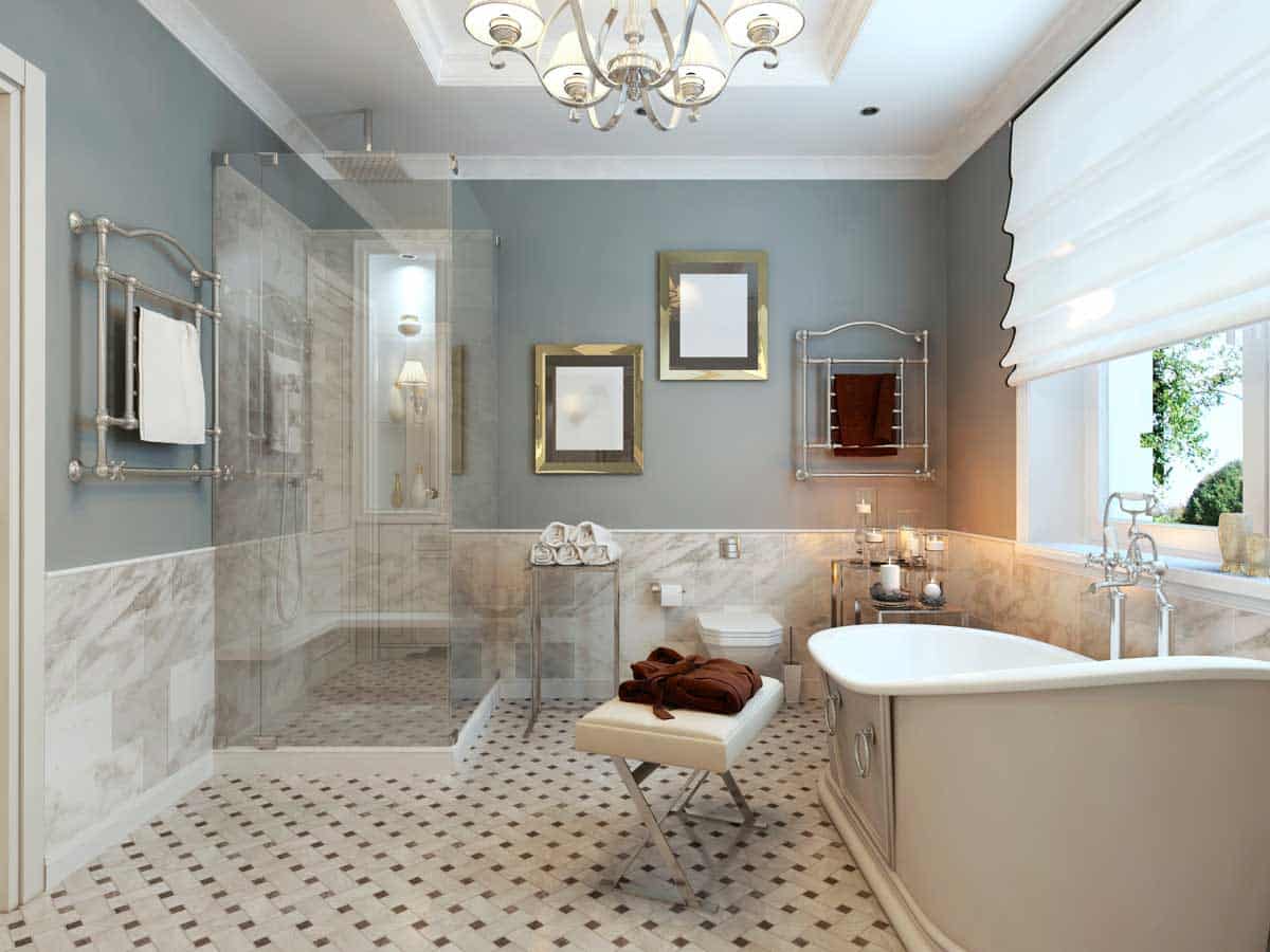 bathroom with patterned tile floor shower and tub