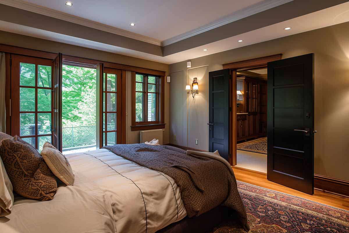 bedroom with bifold wood doors and floor rug