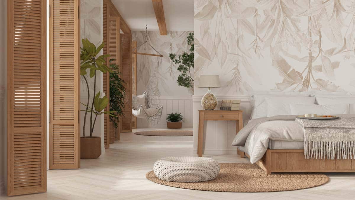 bedroom with floor pouf and indoor plants