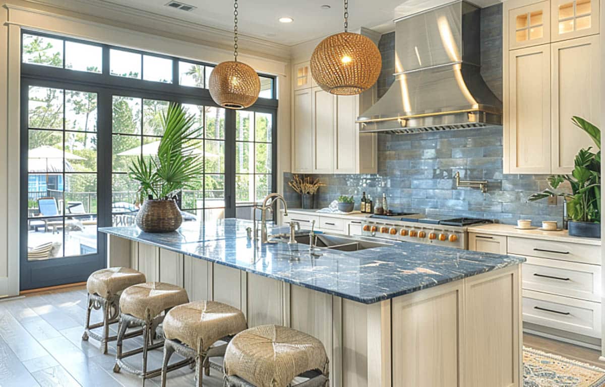 Coastal kitchen with blue tile backsplash
